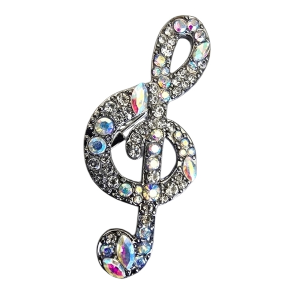 EV Boutique Jewelry - Silver Iridescent Rhinestone Crystal Music Cleft Note Brooch Pin Glam Bling